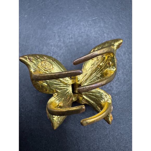 Vintage QS Signed Butterfly Hair Claws Metal Gold Tone Clear Rhinestones - Picture 7 of 10
